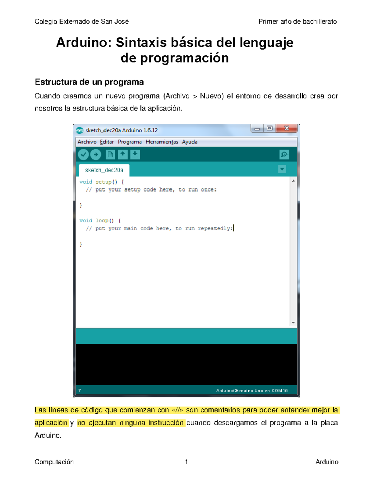 Sintaxis Básica de Programación en Arduino - Computación 1 - Studocu