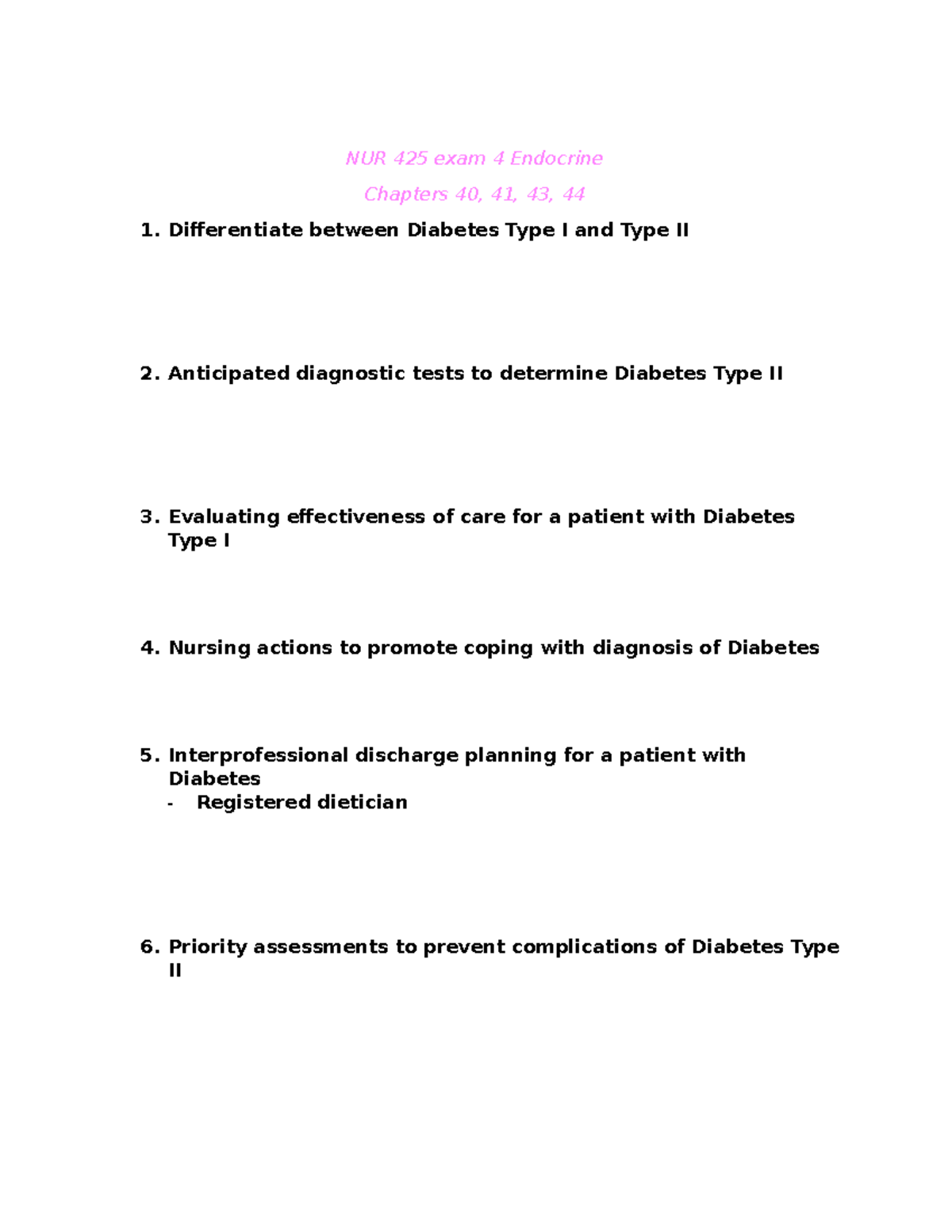 NUR 425 Exam 4 Study Guide - Endocrine Disorders Overview - Studocu