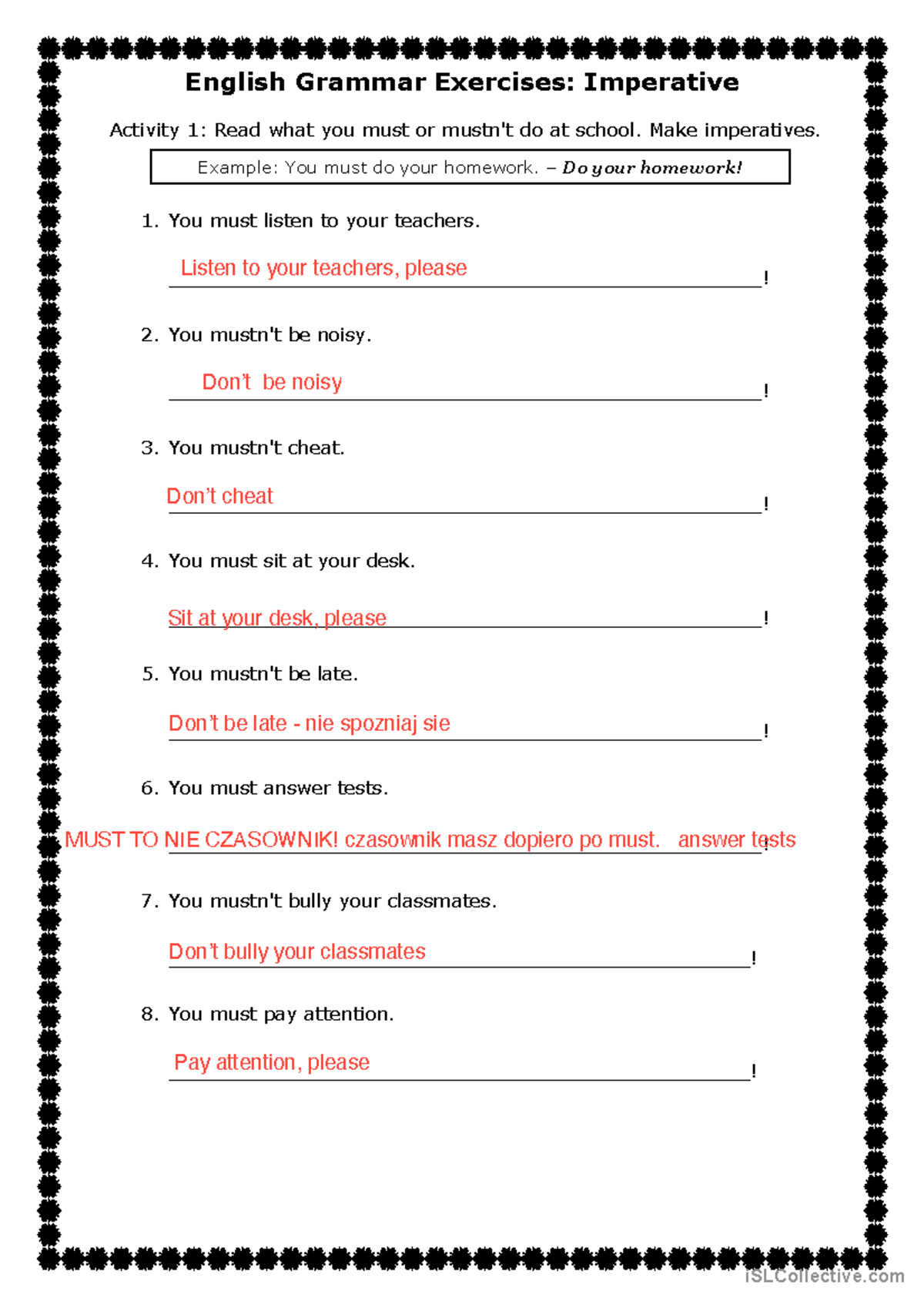 Imperative Test Exercises - English Grammar Activities - Studocu