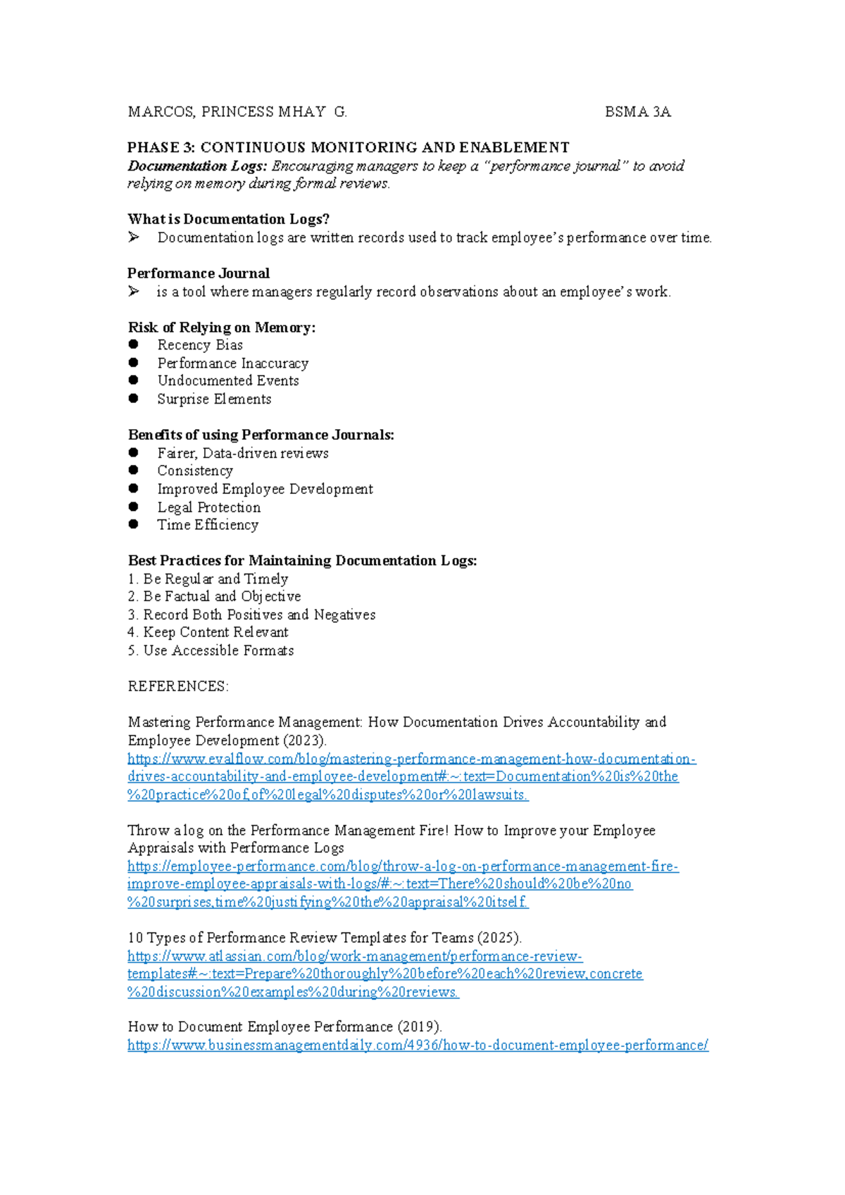 BSMA 3A PHASE 3: Documentation Logs for Performance Monitoring - Studocu