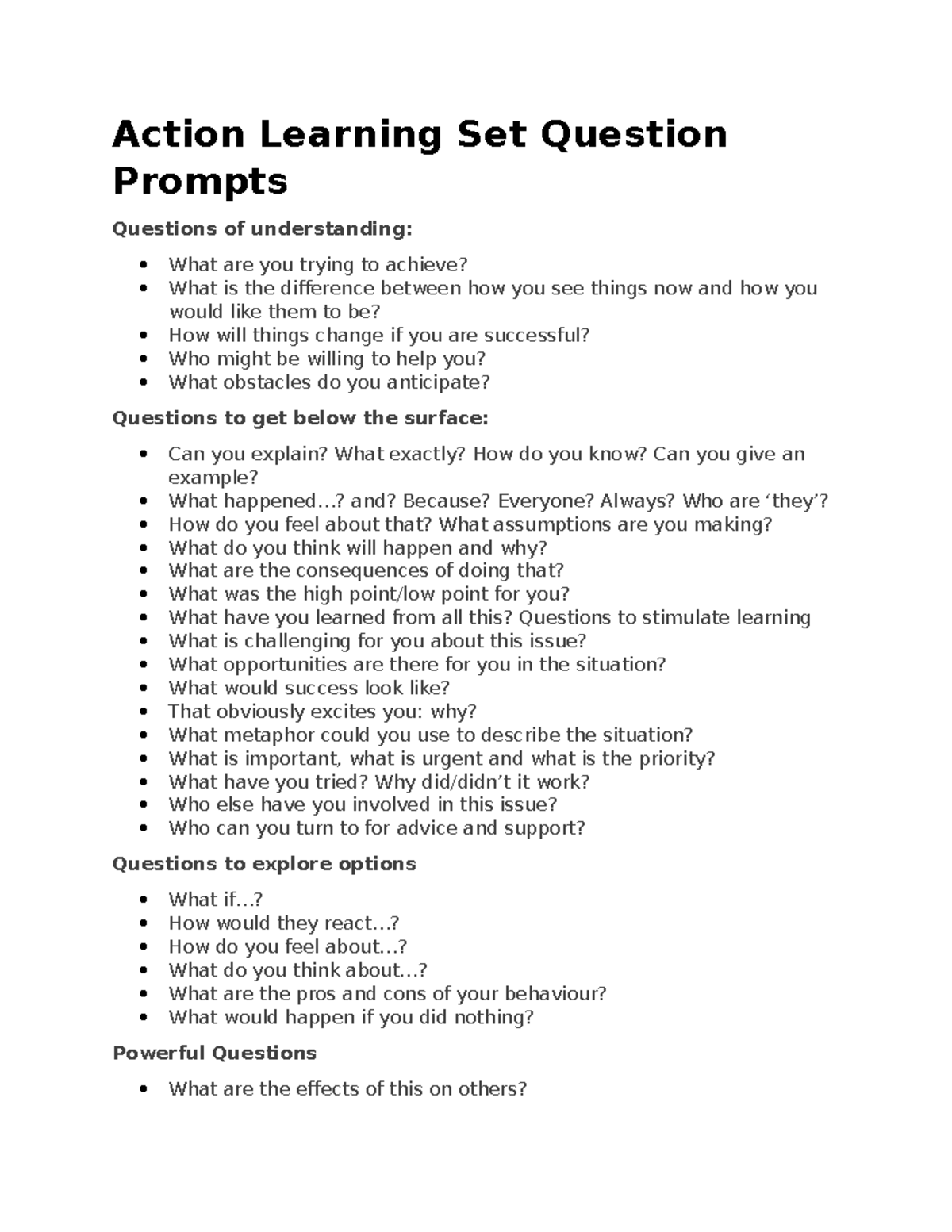 Action Learning Set: Questions for Effective Problem Solving - Studocu
