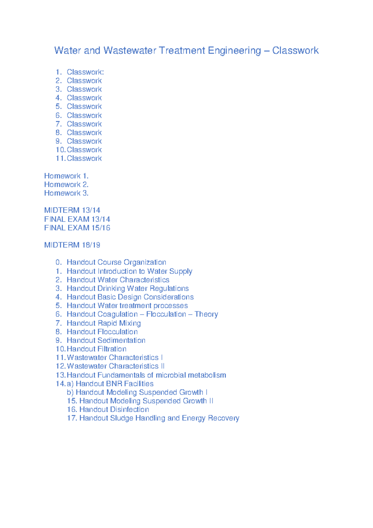 Water and Wastewater Treatment Engineering Classwork & Final Exam Notes ...