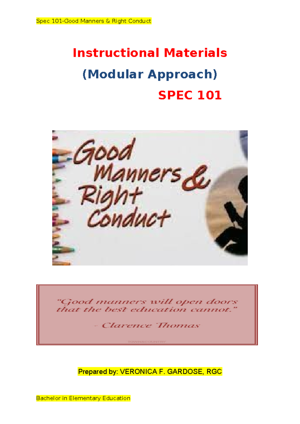 Module 1 in Spec - Please read carefully - Instructional Materials ...