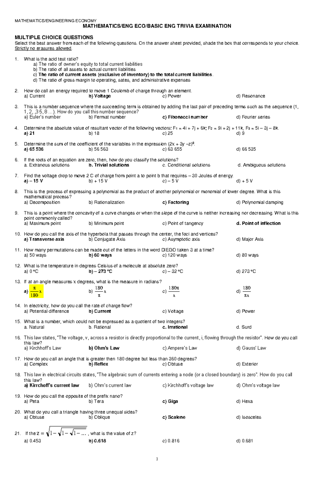 Mathematics Trivia Examination Questions - MATH 4 - Studocu