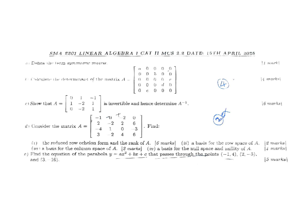 SMA 2201 Linear Algebra I CAT II Exam Review Notes - Studocu