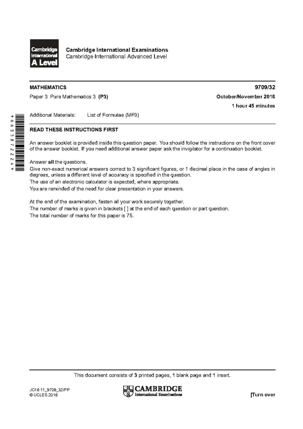 9709 W16 P3 Pure Mathematics Practice Paper 32 - Studocu