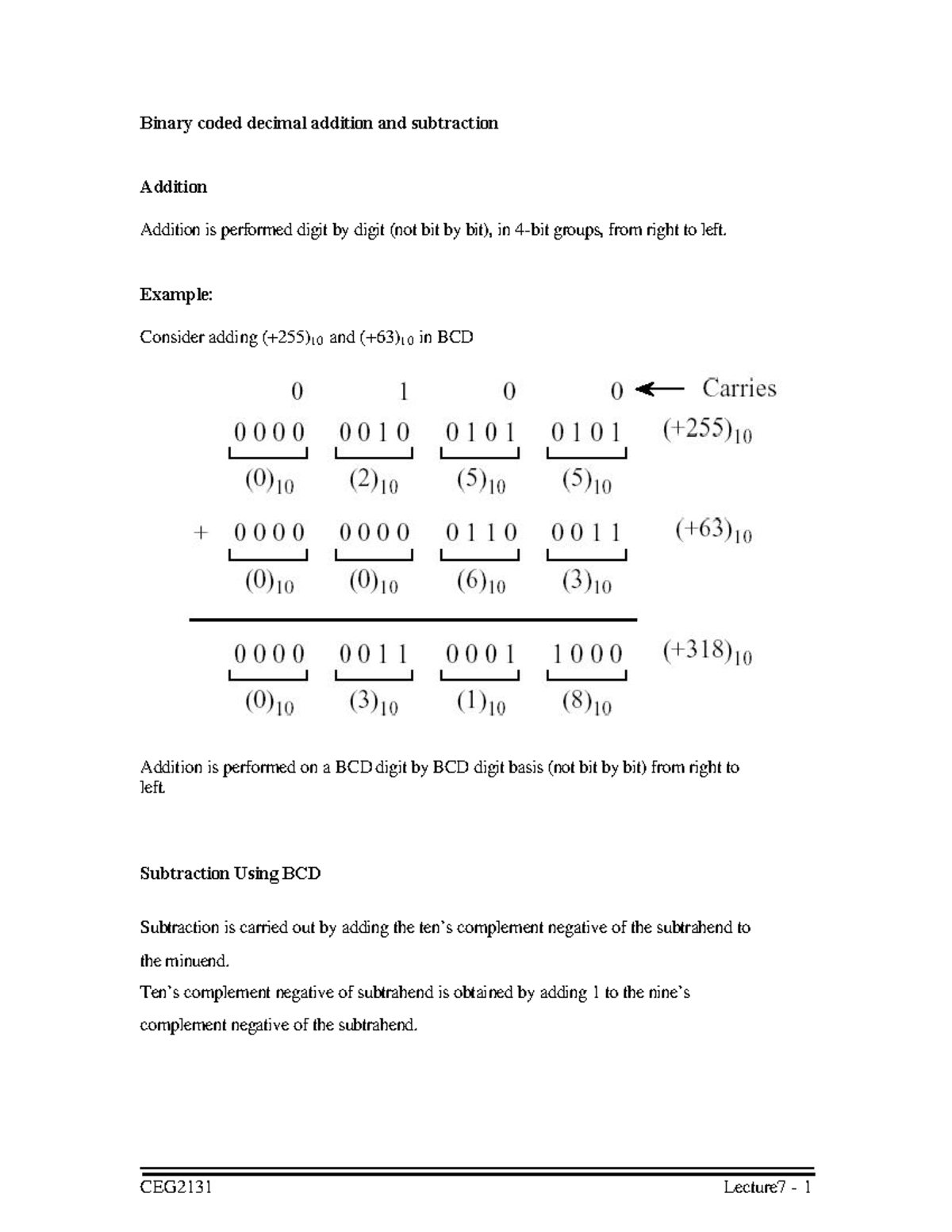 CEG2131 Lecture 7: BCD Addition and Subtraction Notes - Studocu