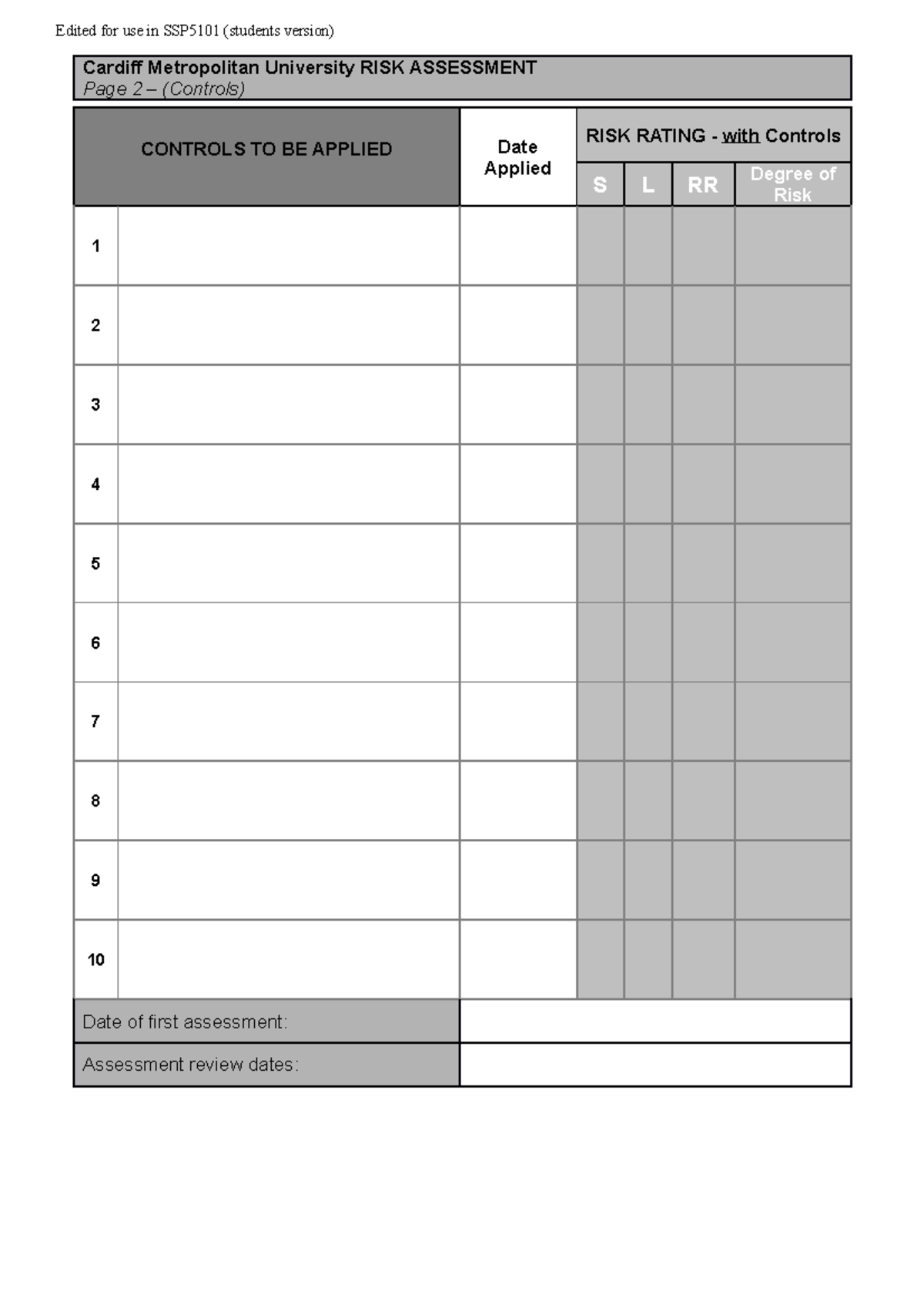 SSP5101 Risk Assessment Template - Cardiff Metropolitan University ...