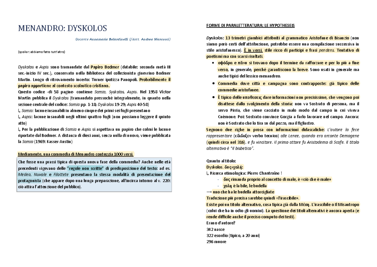 Menandro: Analisi del 