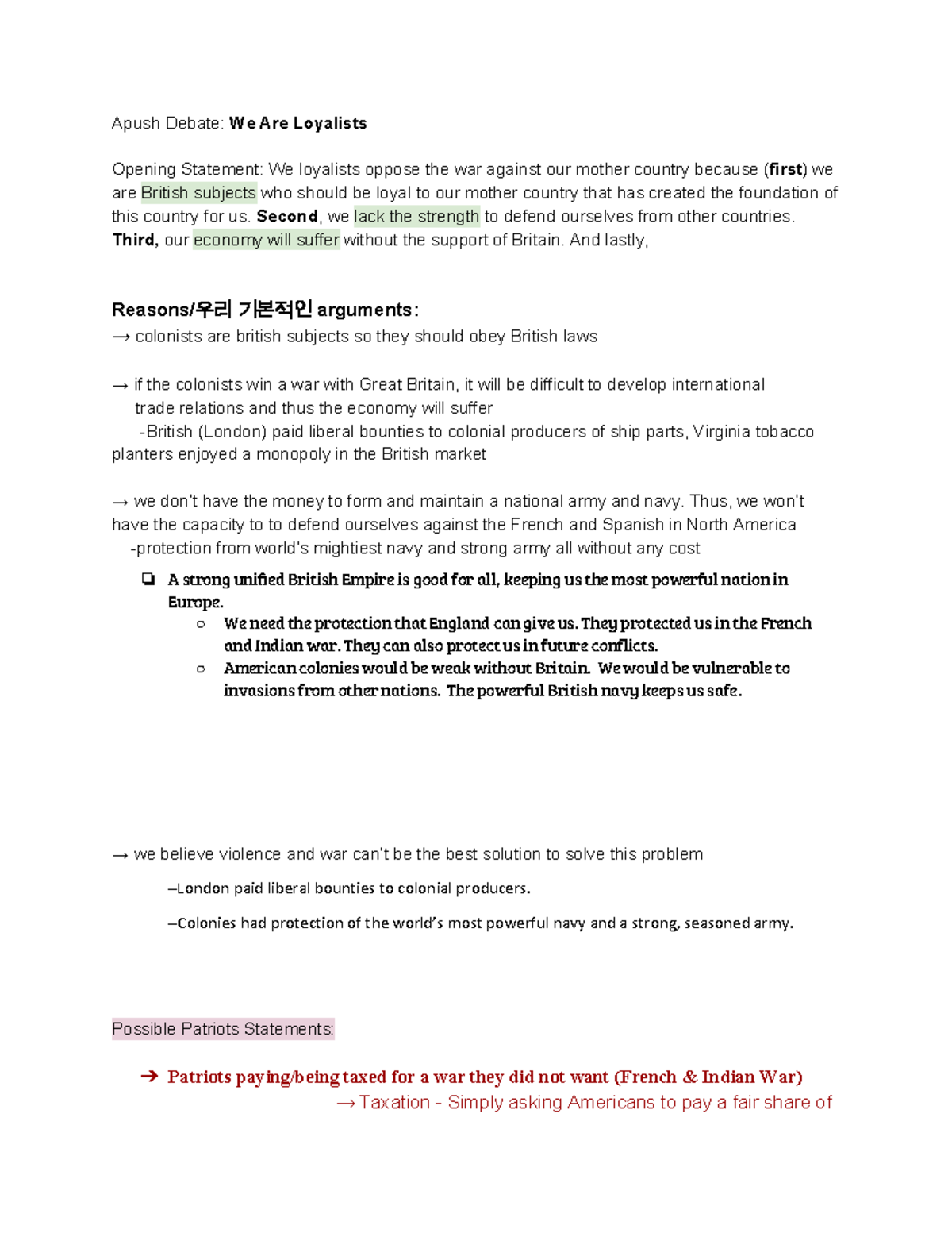 APUSH 201M Debate: Loyalists' Arguments for Remaining British - Studocu