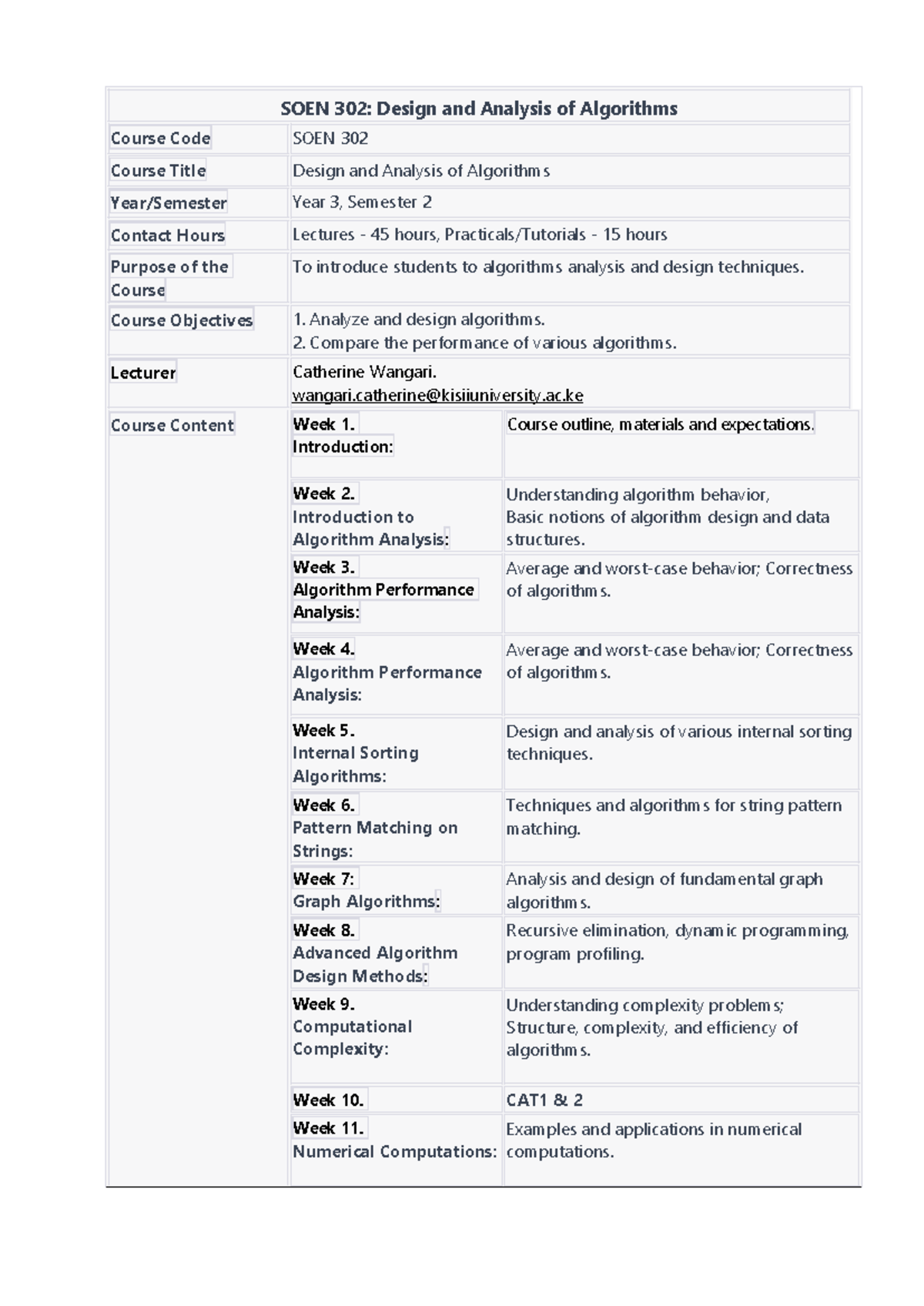 SOEN 302: Course Outline for Design and Analysis of Algorithms - Studocu