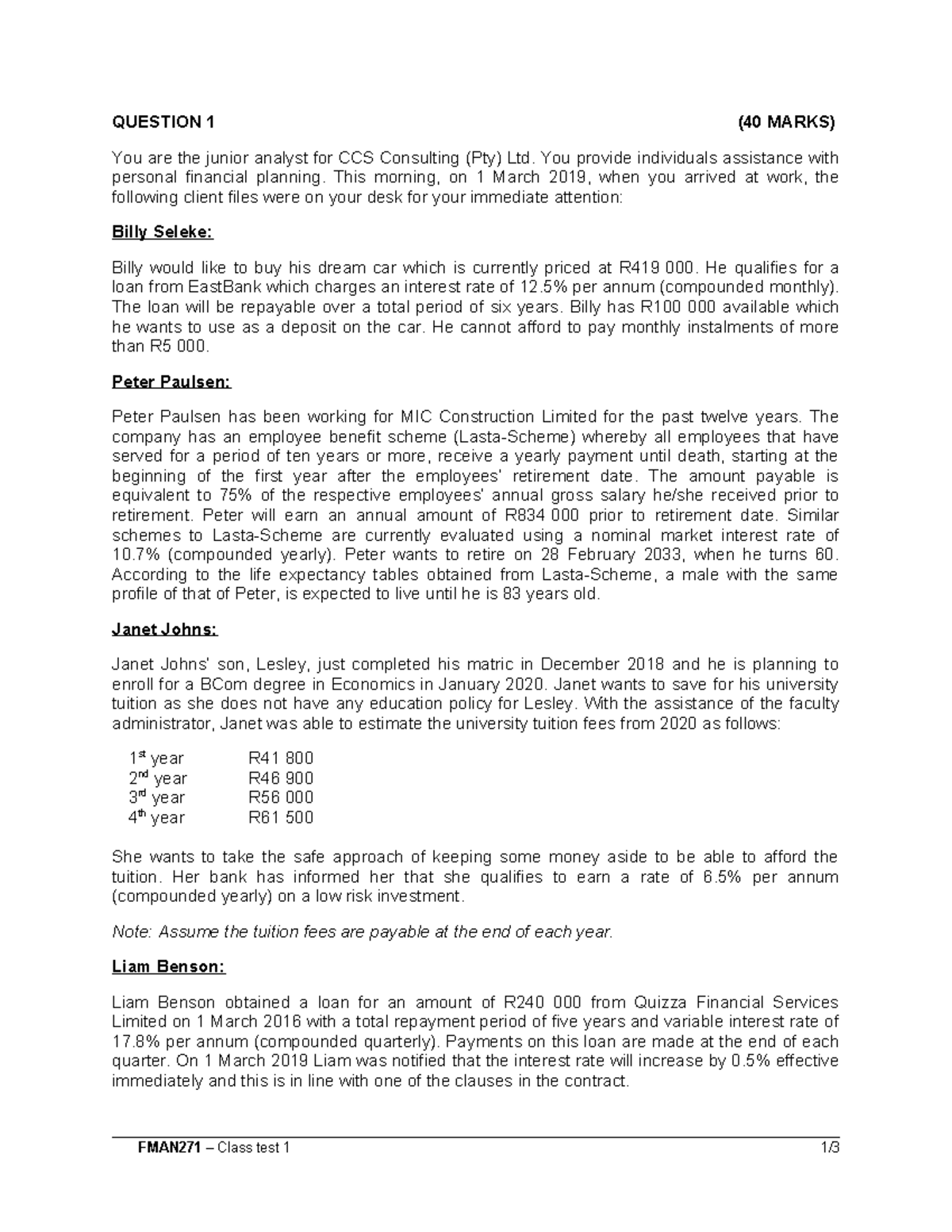 FMAN271 2019 Class Test 1: Personal Financial Planning Cases - Studocu