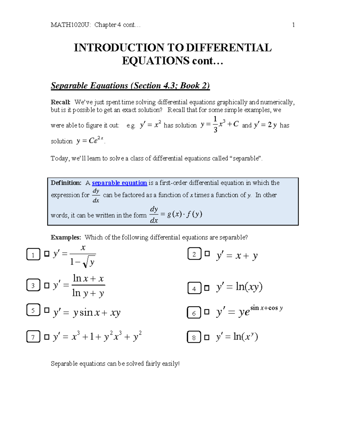 MATH1020U: Chapter 4 Separable Differential Equations Applications ...