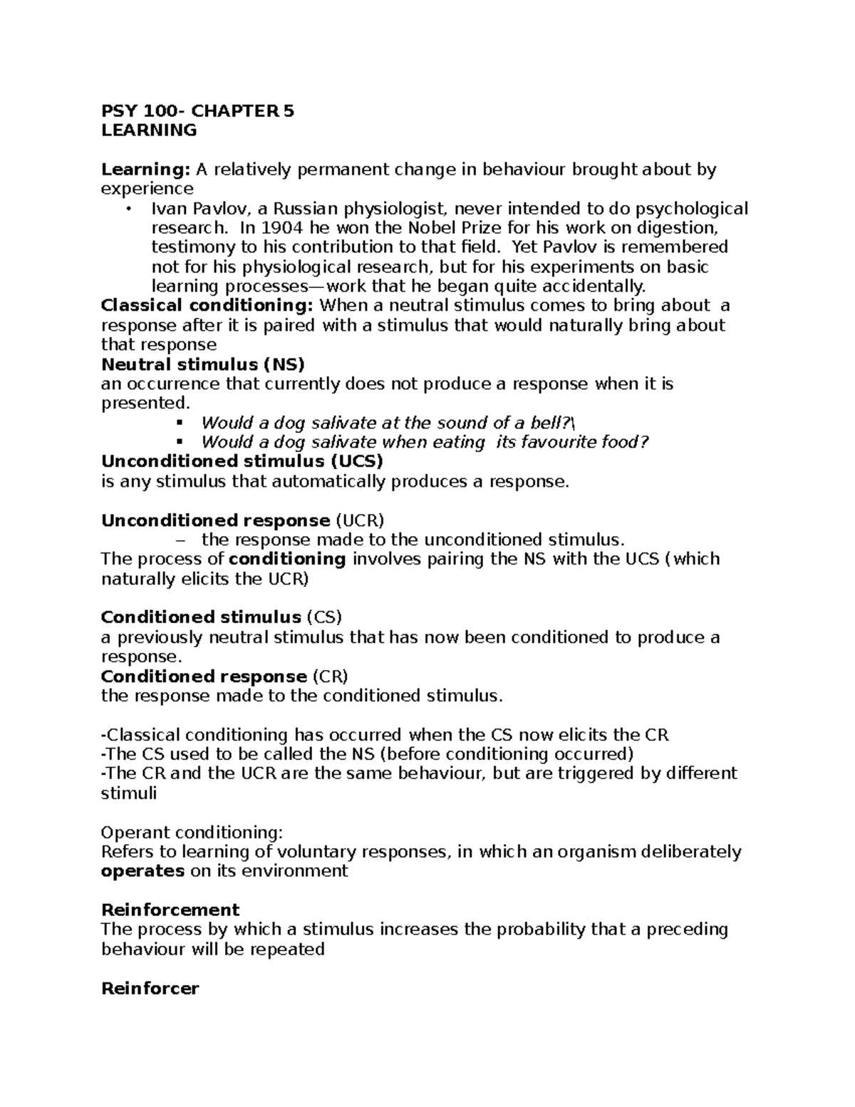 PSY 100 chapter 5 - Lecture notes 4-5 - PSY 100- CHAPTER 5 LEARNING ...