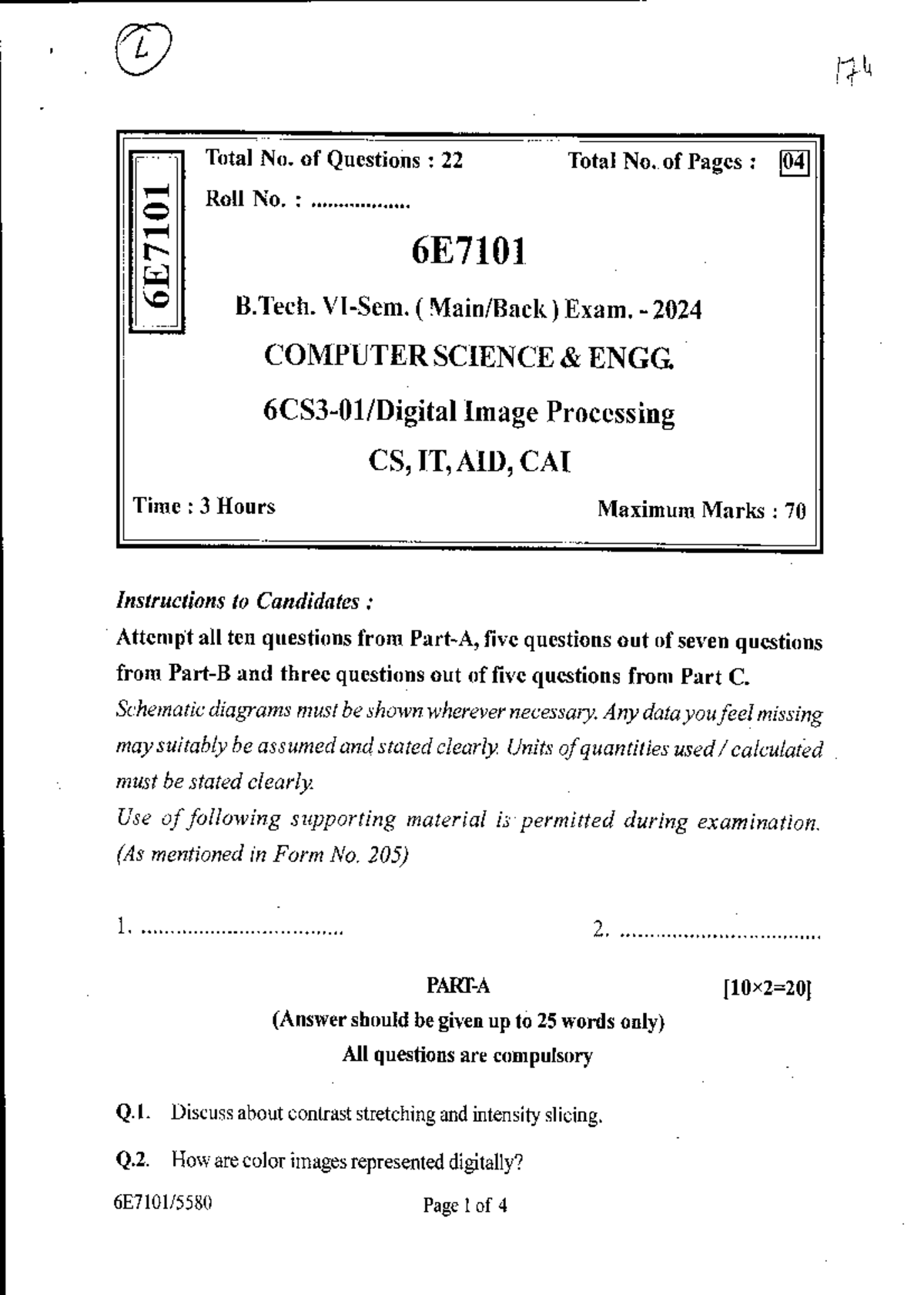 B.Tech. 2024 CS-IT Image Processing & Machine Learning Exam Questions ...
