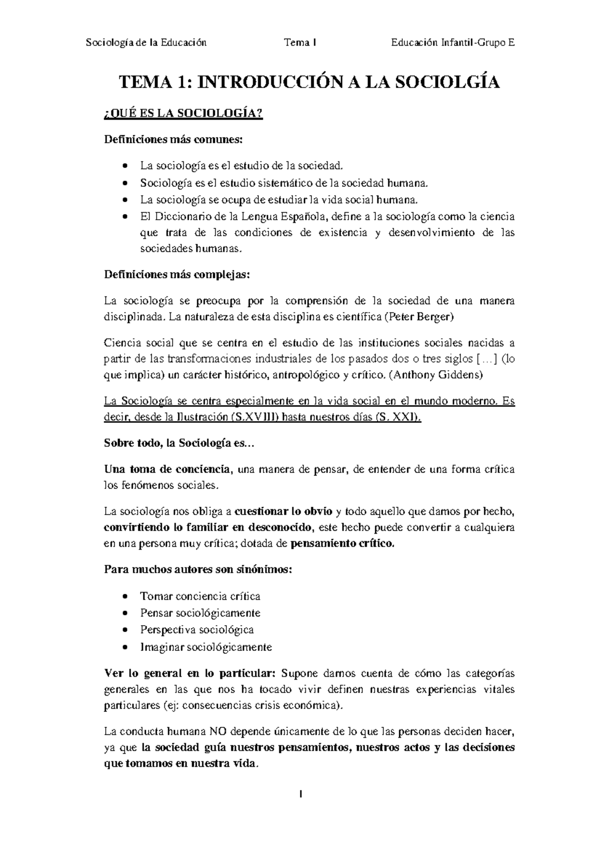 Sociología de la Educación - Tema 1: Introducción a la Sociología - Studocu