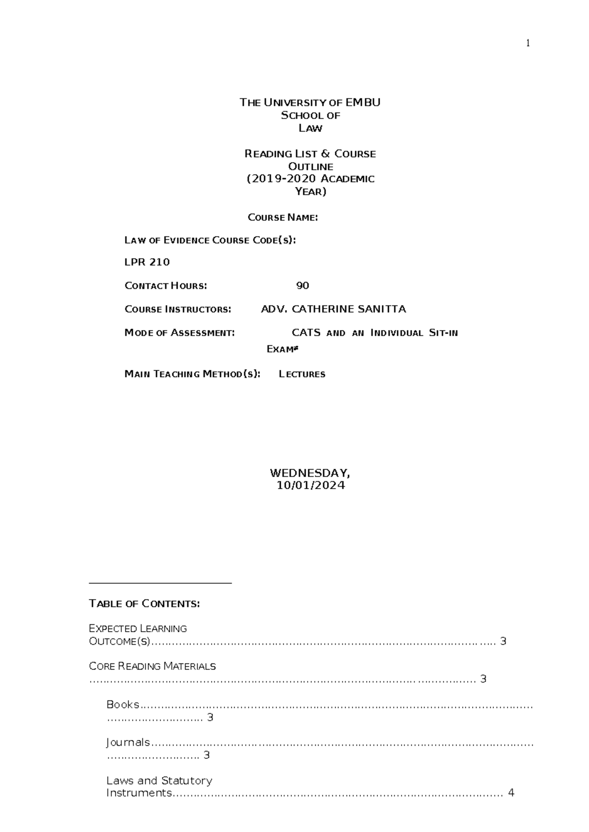 Course Outline: Law of Evidence (LPR 210) - Academic Year 2023 - Studocu
