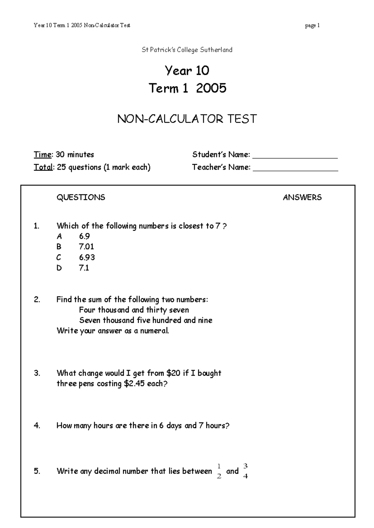 Year 10 Non calc test 2005 stpat - St Patrick’s College Sutherland Year ...