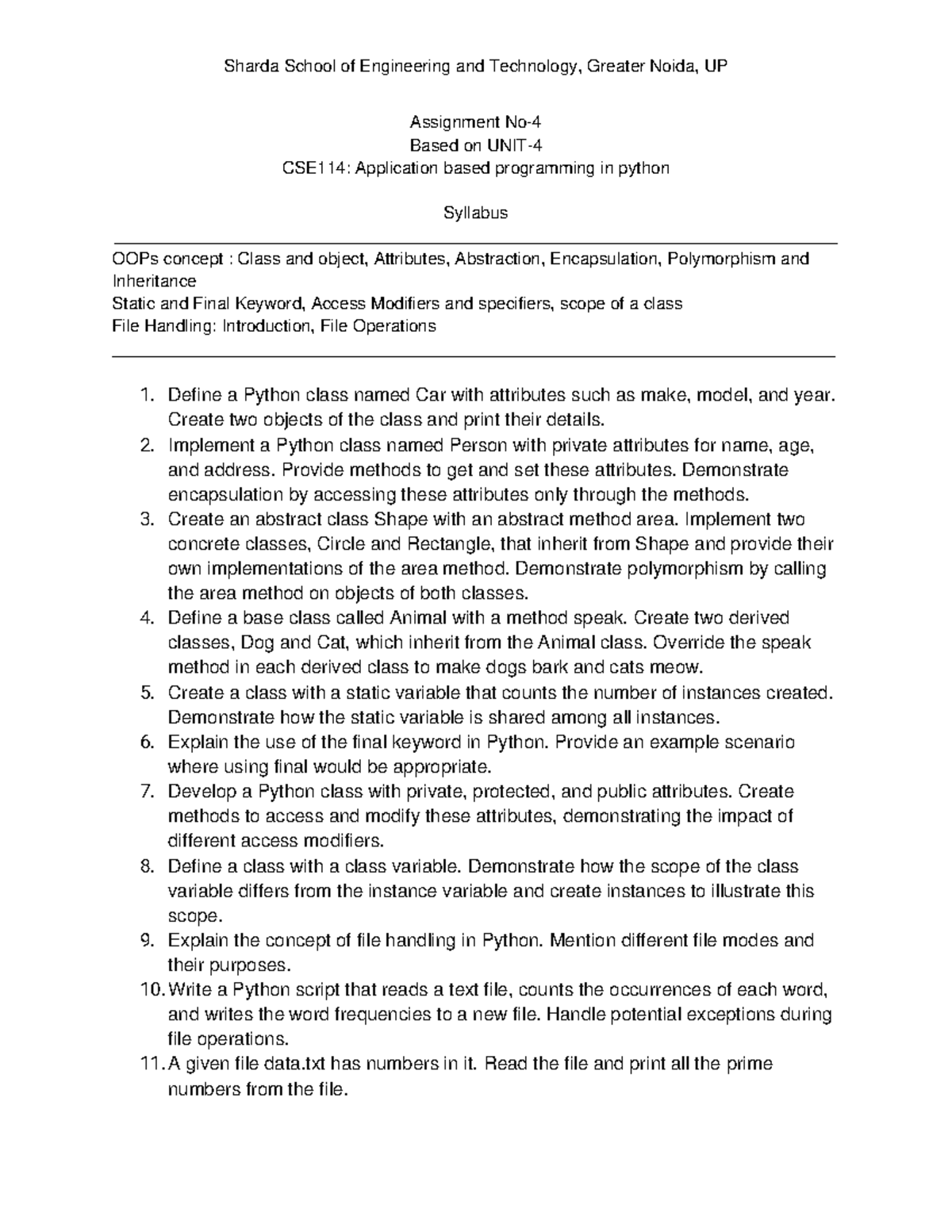 CSE114: Assignment 4 - Practice Questions on Python OOP Concepts - Studocu