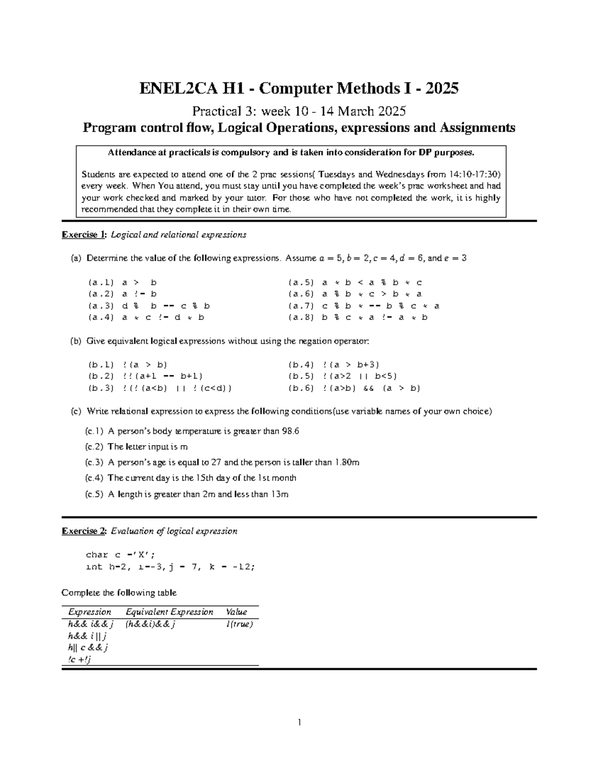 ENEL2CA H1 - Prac 3: Coding Control Flow and Logical Ops (2025) - Studocu