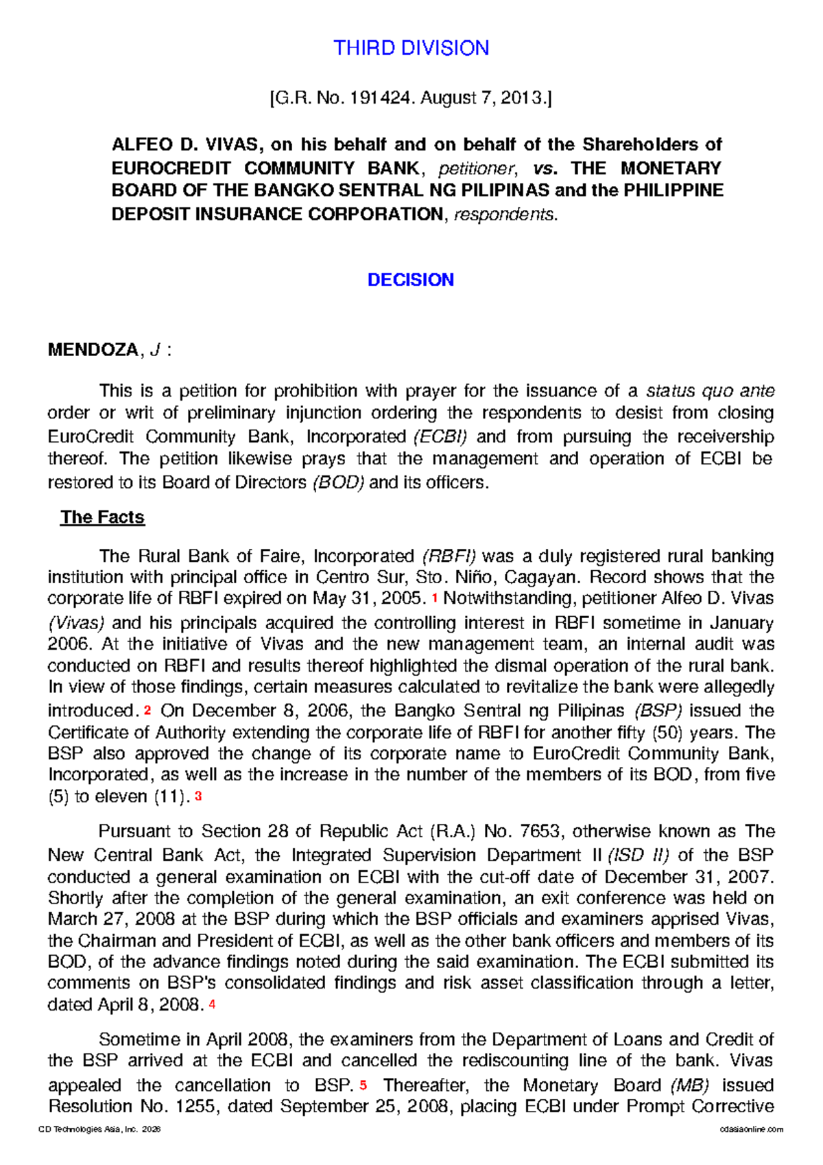 Vivas v. Monetary Board of BSP: Petition for Prohibition Decision - Studocu