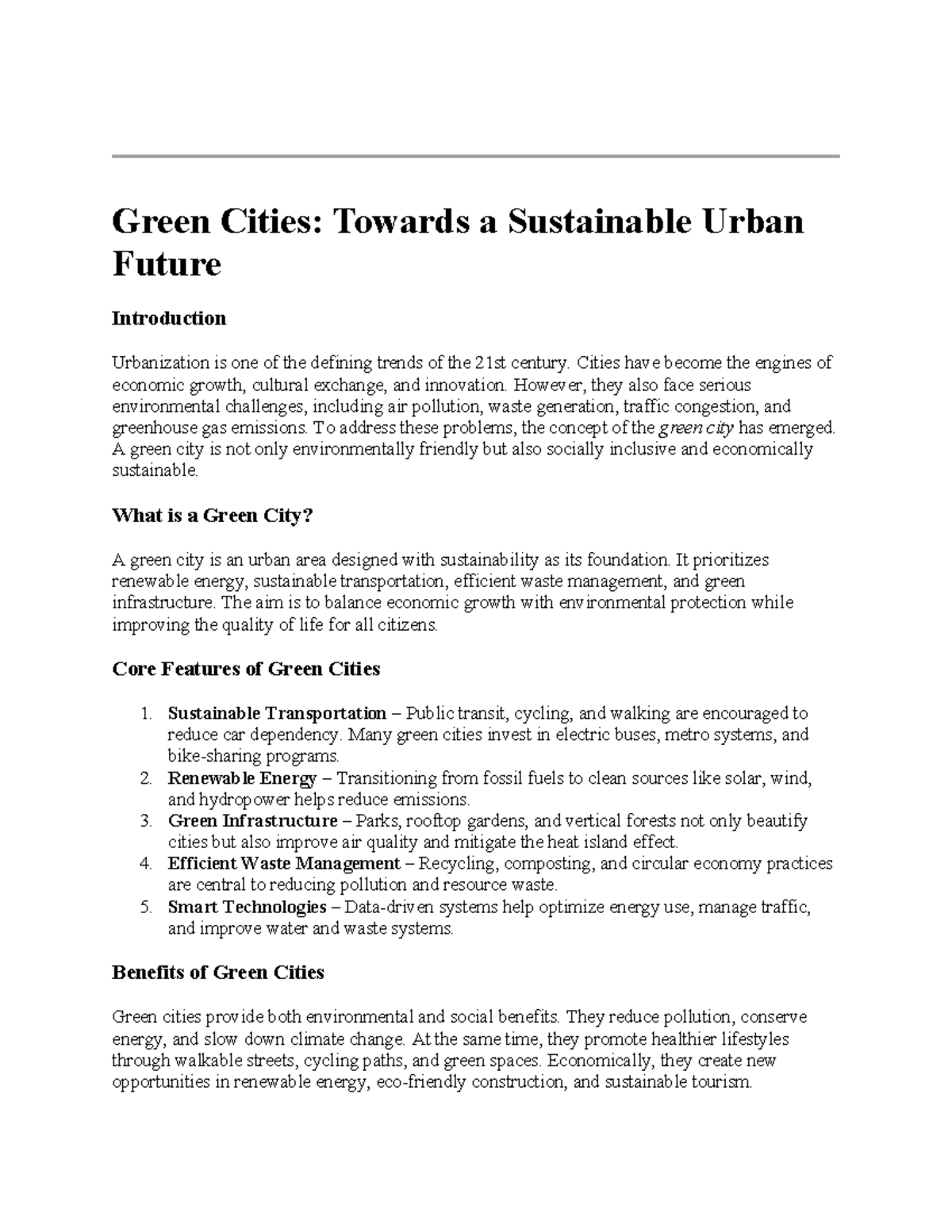 Green Cities: A Sustainable Urban Future Overview - Studocu