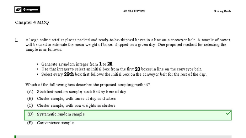 AP STATISTICS Chapter 4 MCQ Scoring Guide and Answers - Studocu