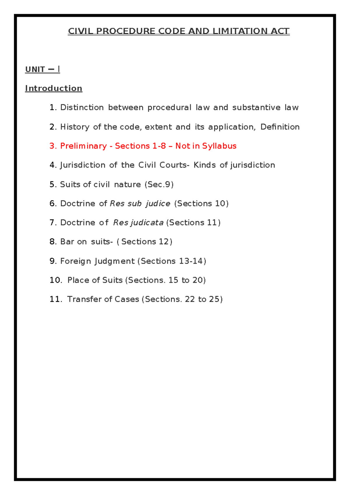 CIVIL PROCEDURE CODE & LIMITATION ACT: UNIT I OVERVIEW & JURISDICTION ...