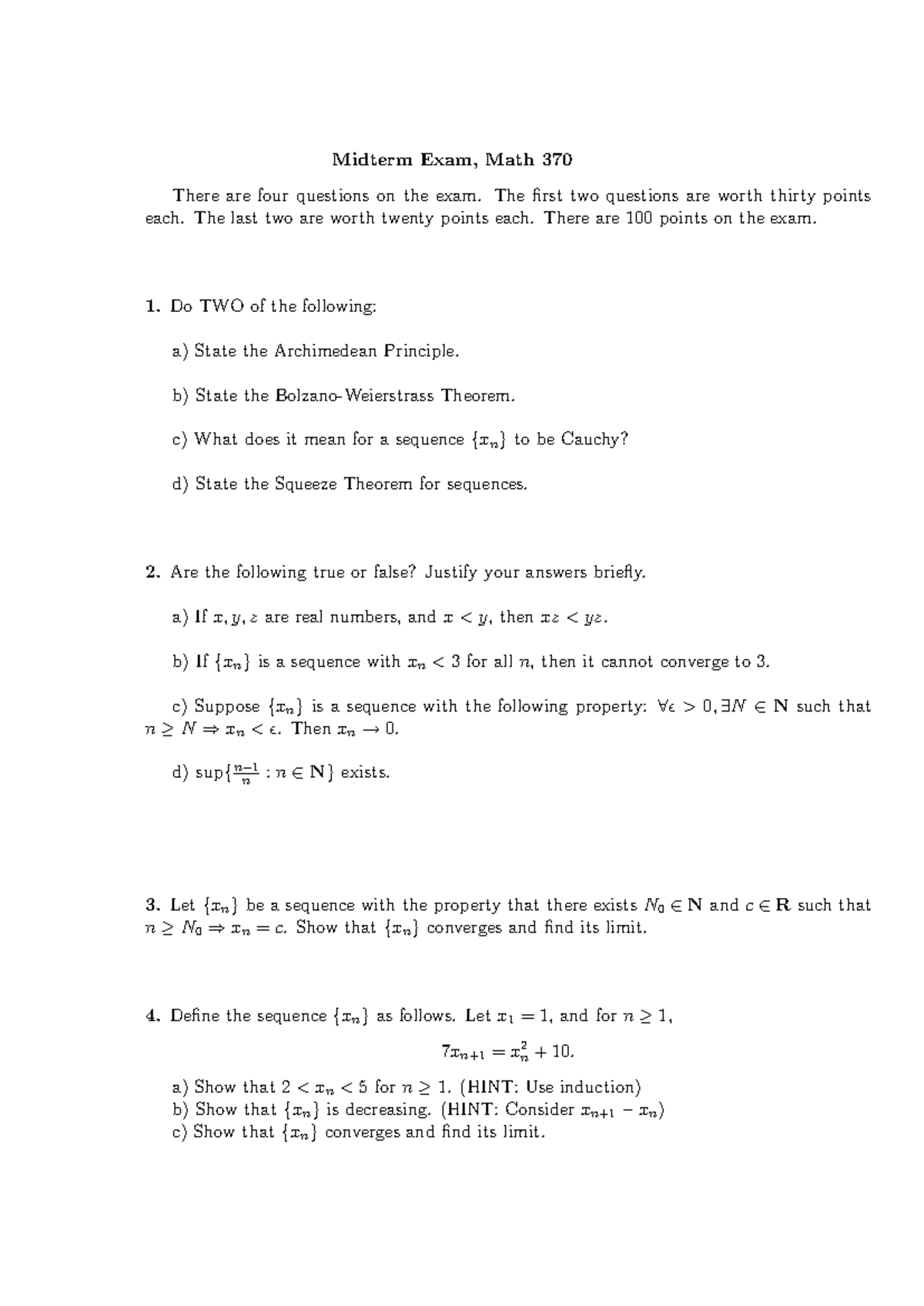 Math 370 Midterm Exam Study Guide: Real Analysis Questions - Studocu