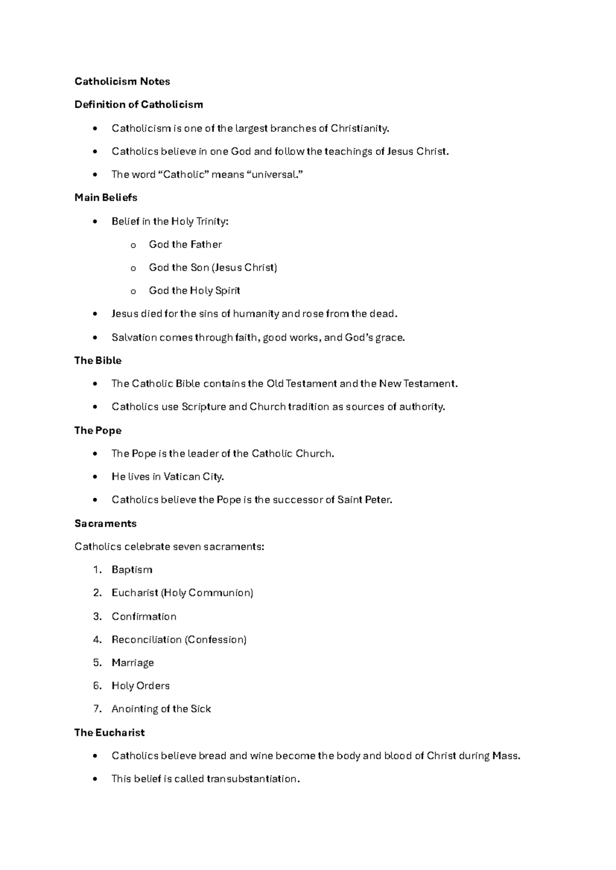 Catholicism Notes: Key Beliefs and Practices Overview - Studocu