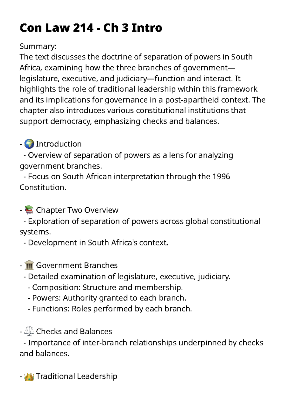 Con Law 214 Ch 3 Summary: Separation of Powers in South Africa - Studocu