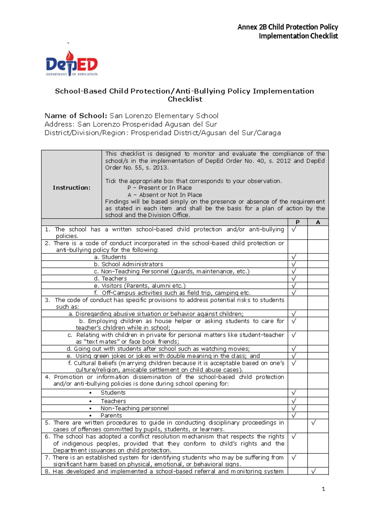 SIP Annex 2B Child Protection Policy Implementation Checklist - Annex ...