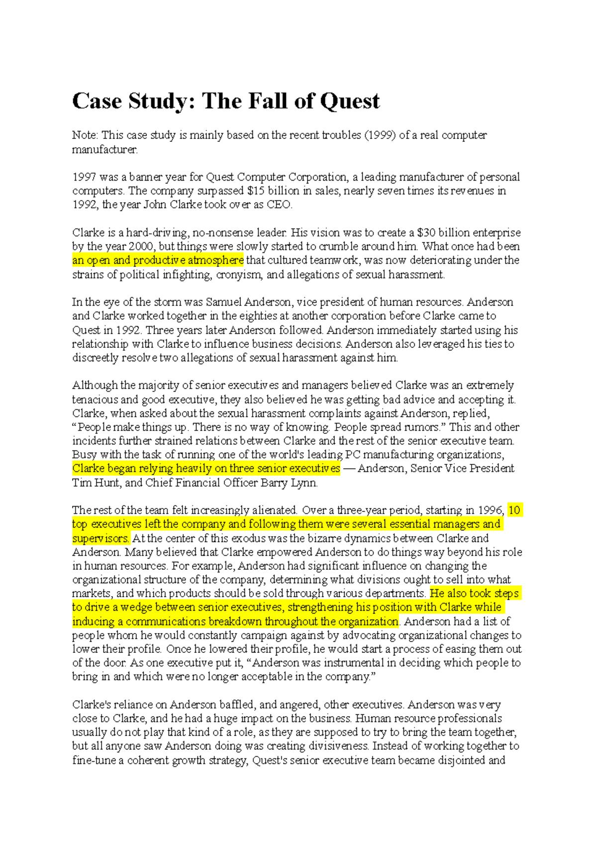 The fall of quest - for students - Case Study: The Fall of Quest Note ...