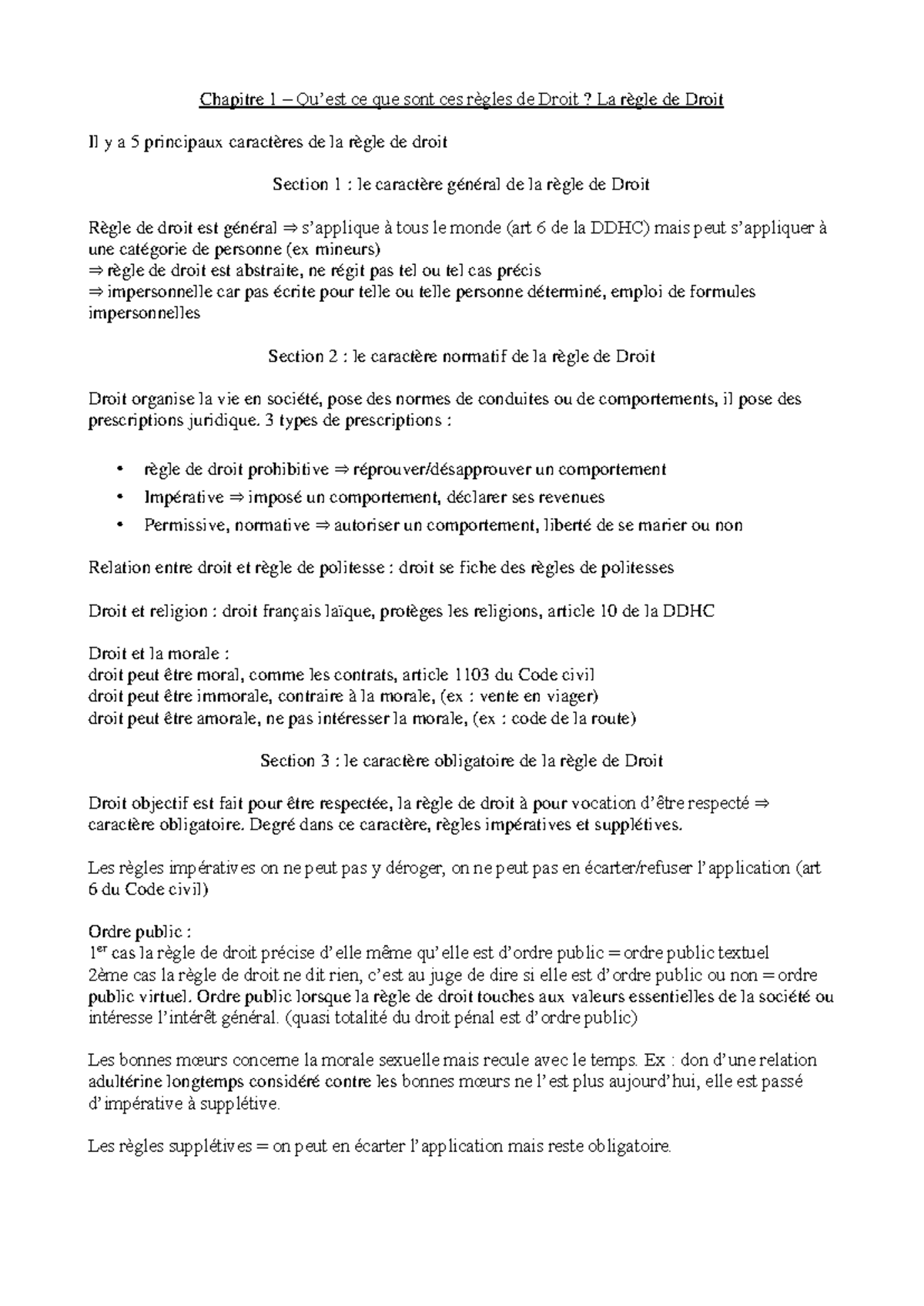 Fiche de révision : Chapitre 1 - Caractères des règles de Droit - Studocu