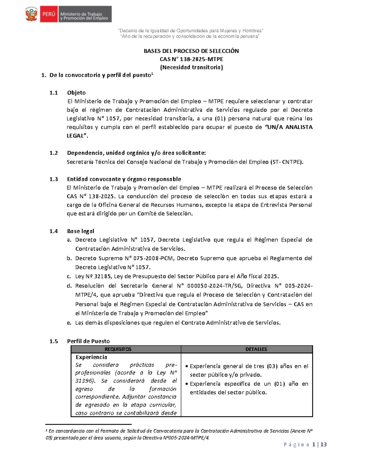 Bases del Proceso de Selección CAS para Analista Legal - MTPE 2025 ...