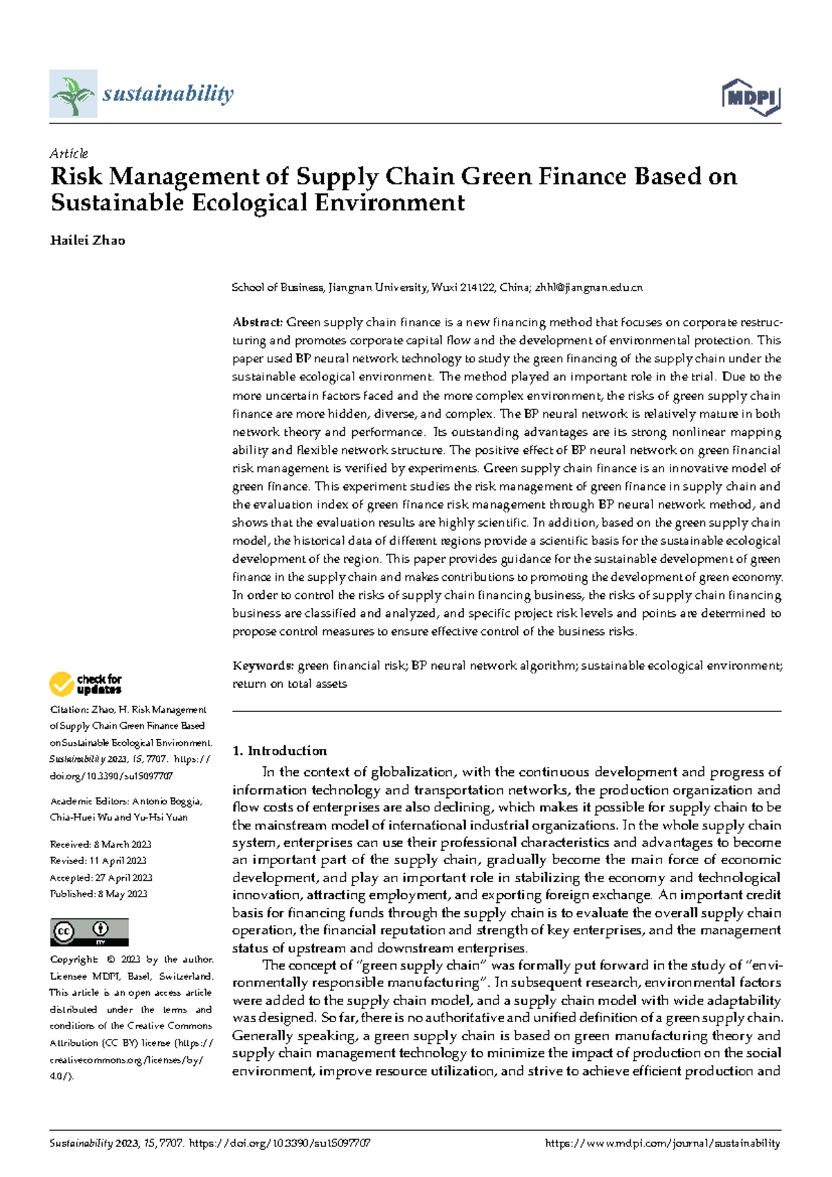 Risk Management of Green Finance in Supply Chain: A BP Neural Network ...