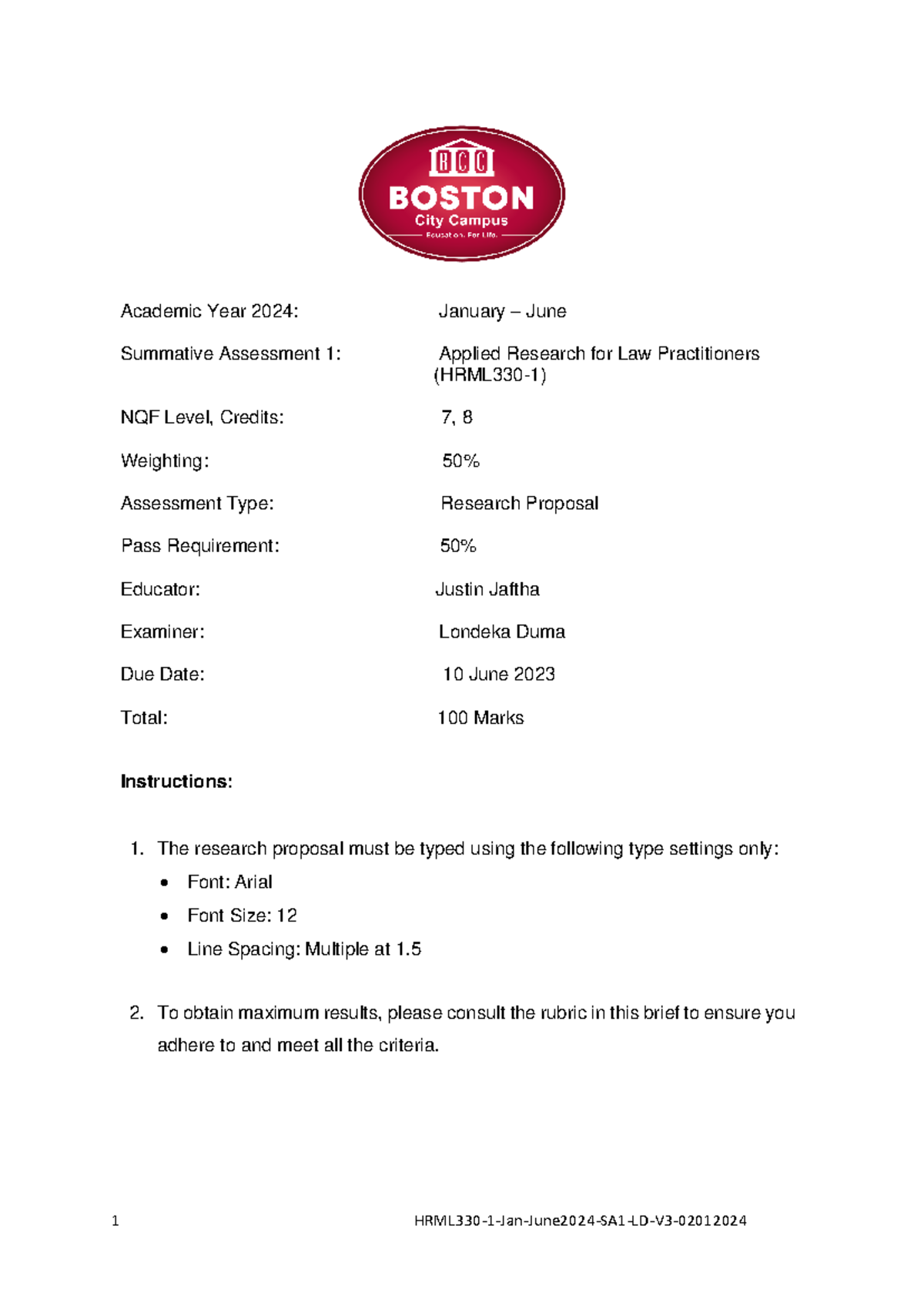 HRML330-1 Summative Assessment 1: Research Proposal Guidelines - Studocu