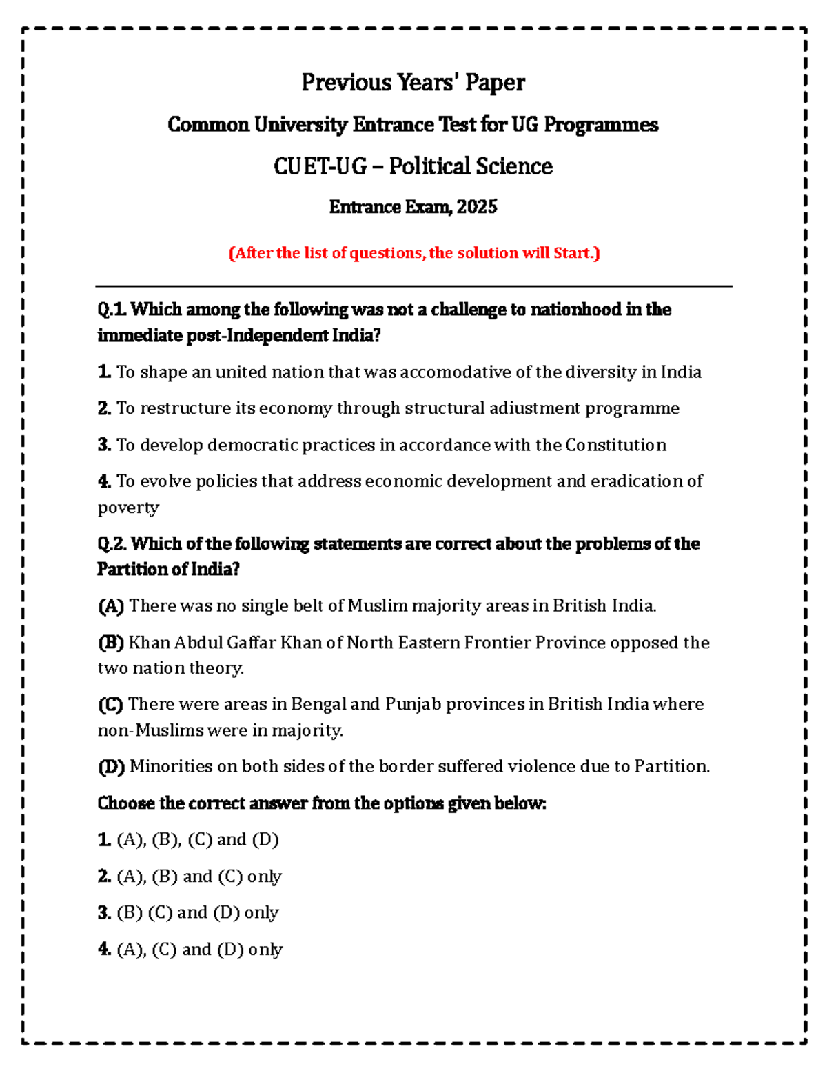 CUET Political Science Entrance Exam Previous Paper, 2025 - Studocu