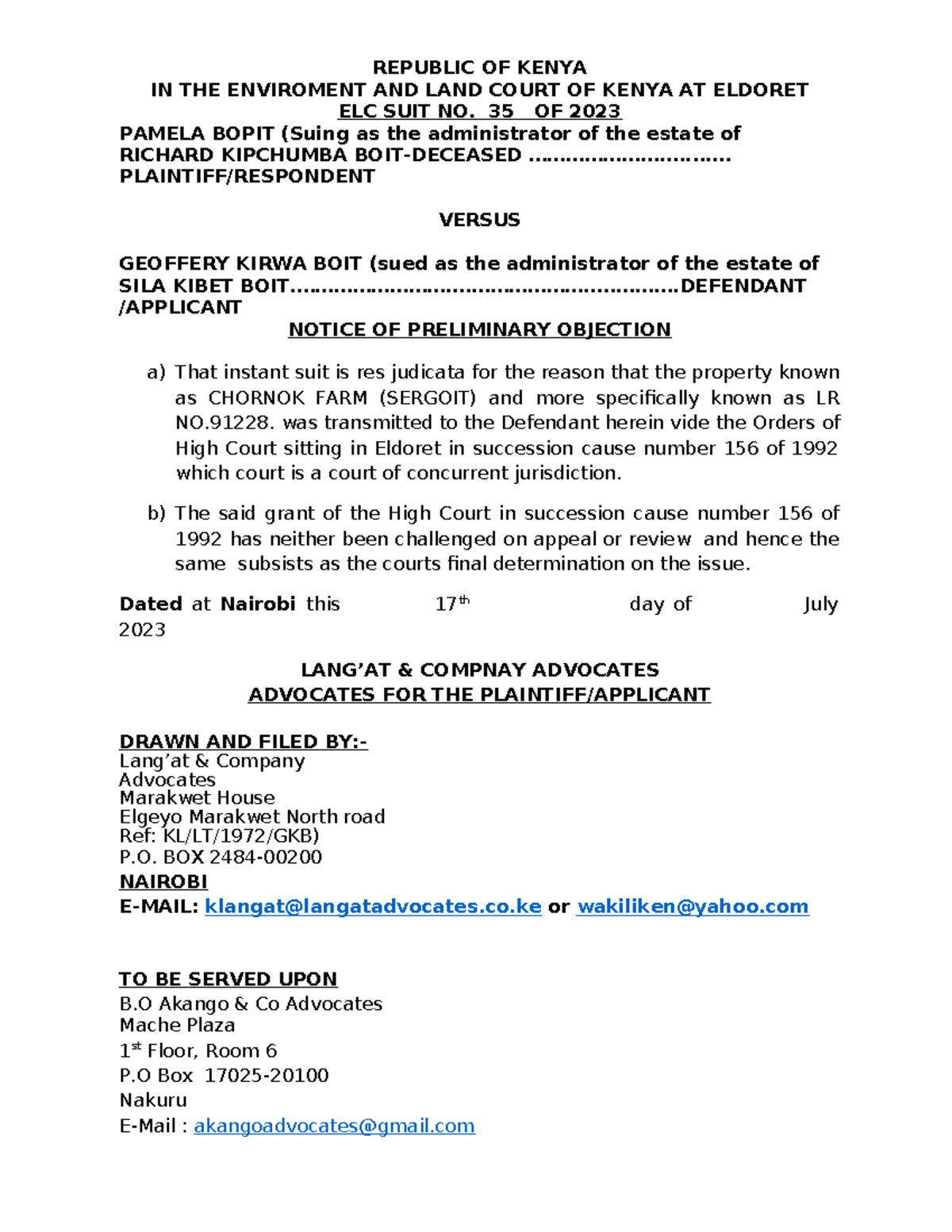 Application to Strike Out Suit ELC No. 35 of 2023: Pamela Boit vs ...