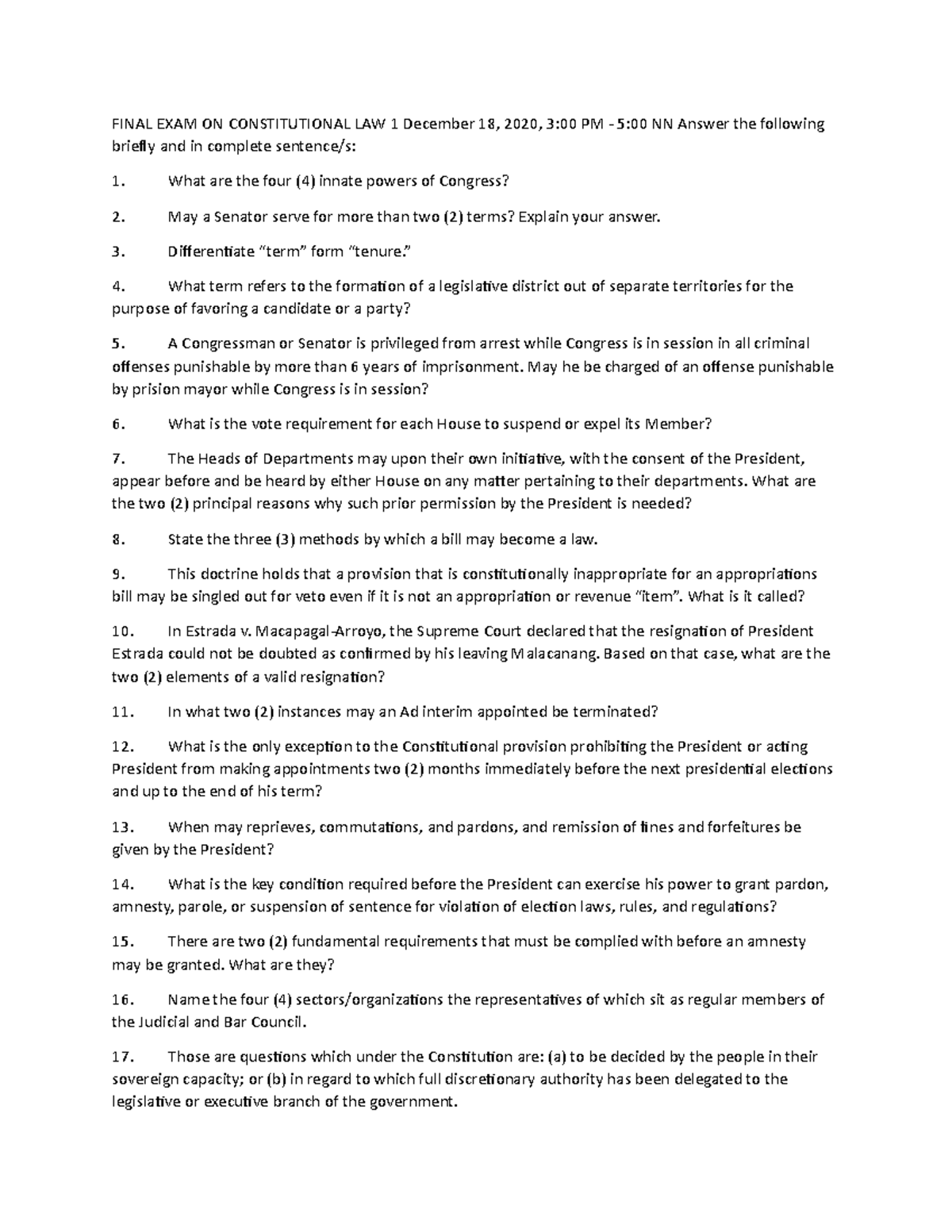 FINAL EXAM REVIEWER FOR CONSTITUTIONAL LAW 1 - DEC 2020 & JUNE 2021 ...