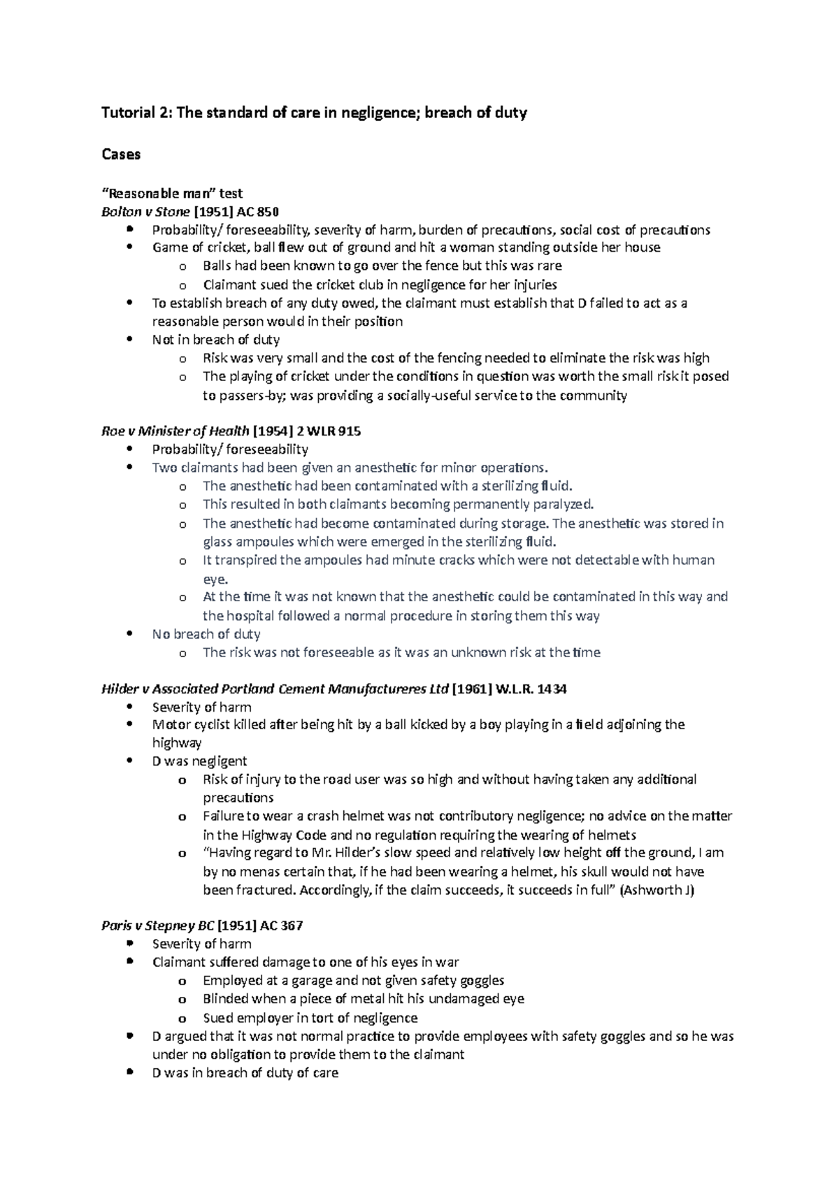 Breach of duty - Tutorial 2: The standard of care in negligence; breach ...
