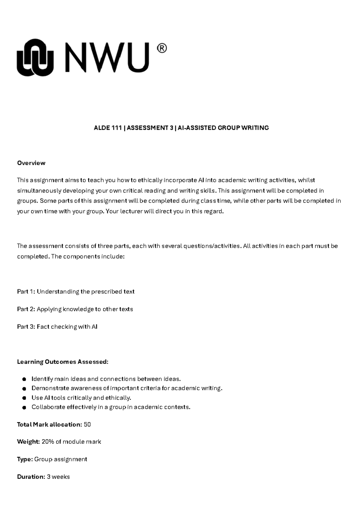 ALDE 111 Assessment 3 Group Writing: Ethical AI in Academic Tasks - Studocu