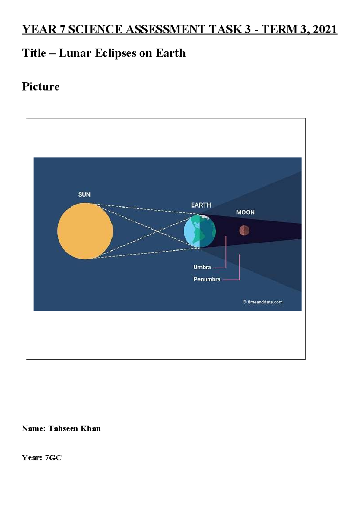 YEAR 7 SCIENCE ASSESSMENT TASK 3: LUNAR ECLIPSES EXPLAINED - Studocu