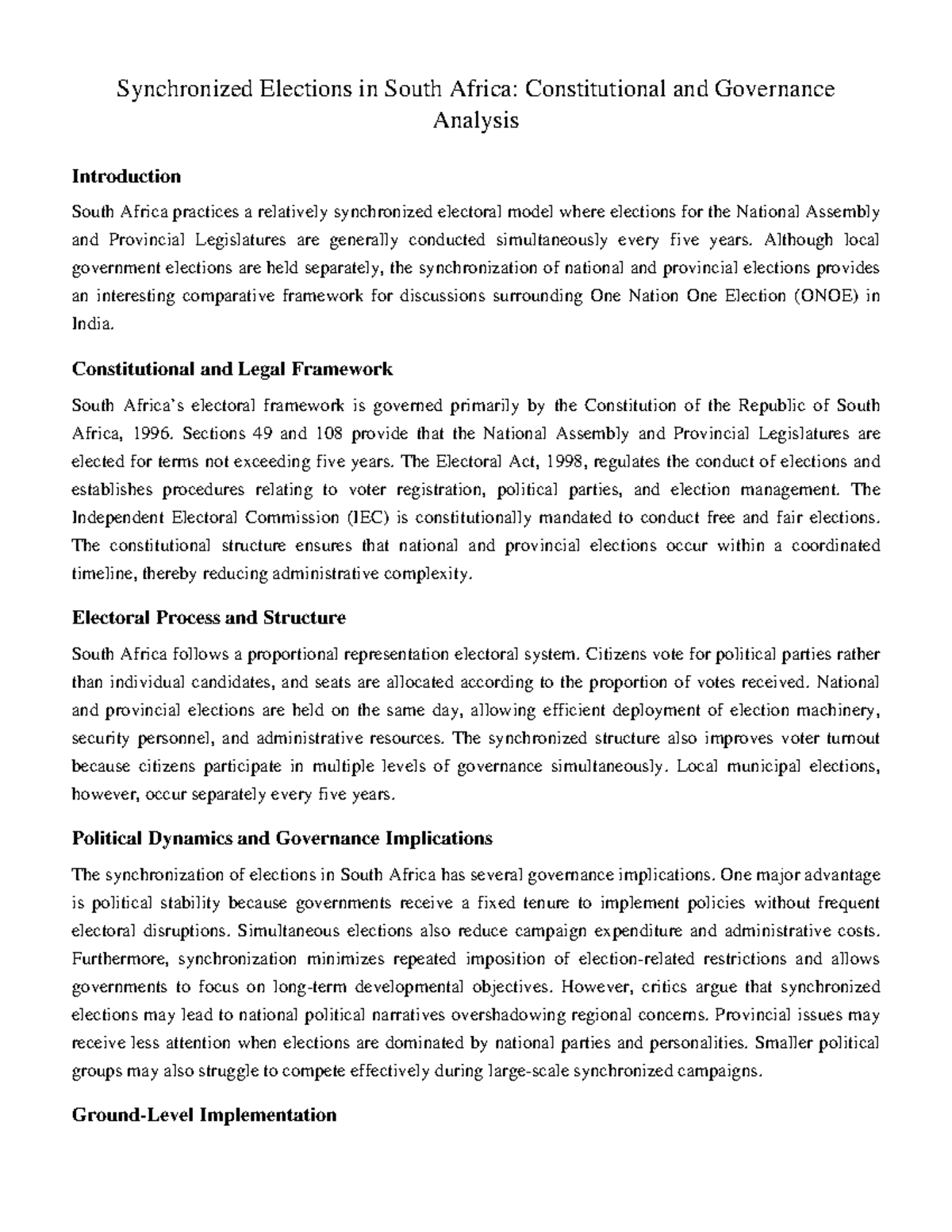 Synchronized Elections in South Africa: A Governance Analysis - Studocu