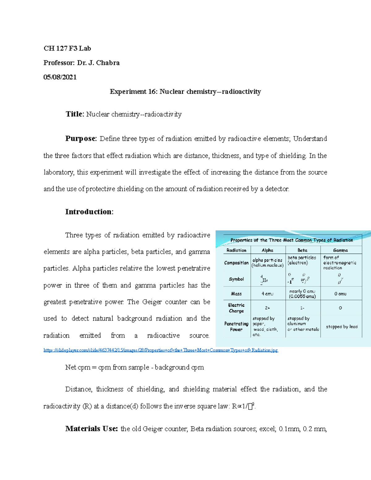 CH 127 F3 Lab: Experiment 16 - Investigating Nuclear Radioactivity ...