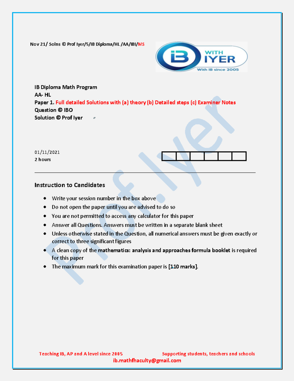 Final Exam Solutions for IB Maths AA HL Paper 1 (Nov 2021) by Prof