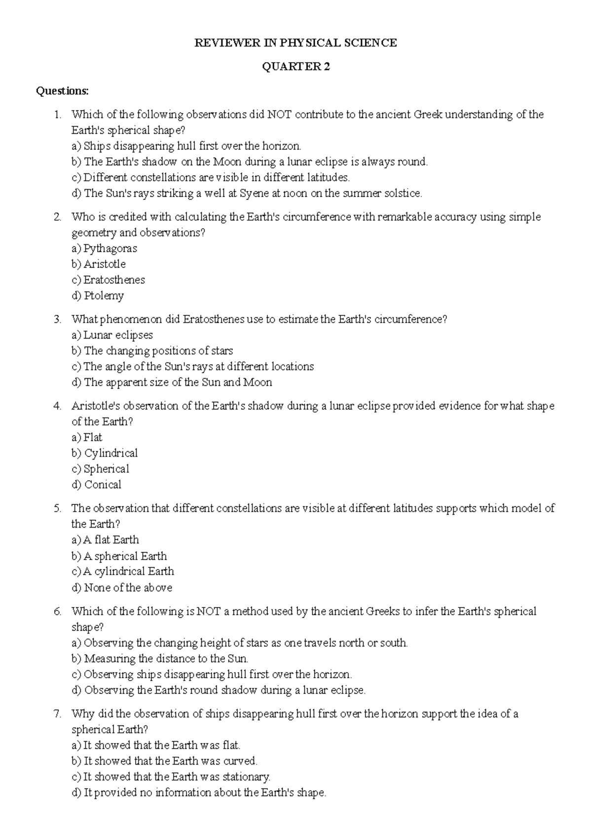 REVIEWER IN PHYSICAL SCIENCE Q2: Understanding Spherical Earth Concepts ...