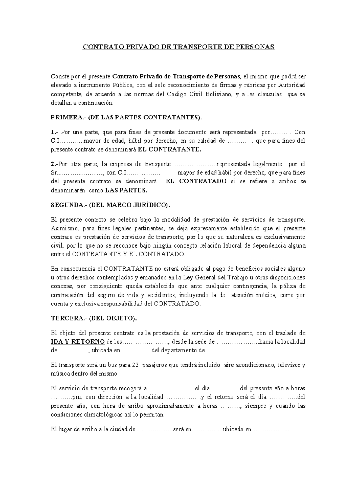 Contrato Privado de Transporte de Personas - Cláusulas y Obligaciones - Document Preview
