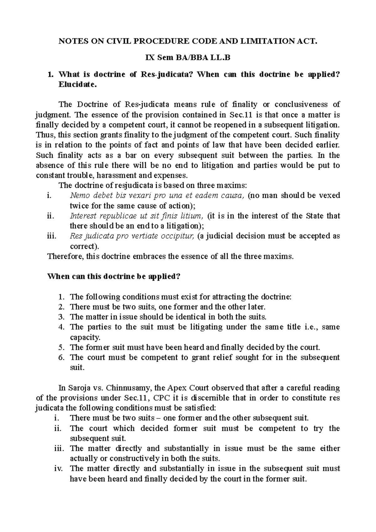 NOTES ON CIVIL PROCEDURE CODE & LIMITATION ACT - IX Sem LL.B Exam Prep ...