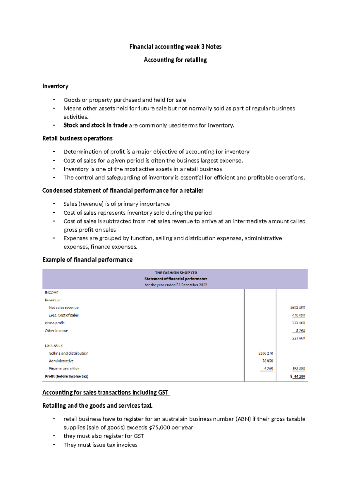 Financial Accounting Week 3 Notes: Retail Inventory Management - Studocu